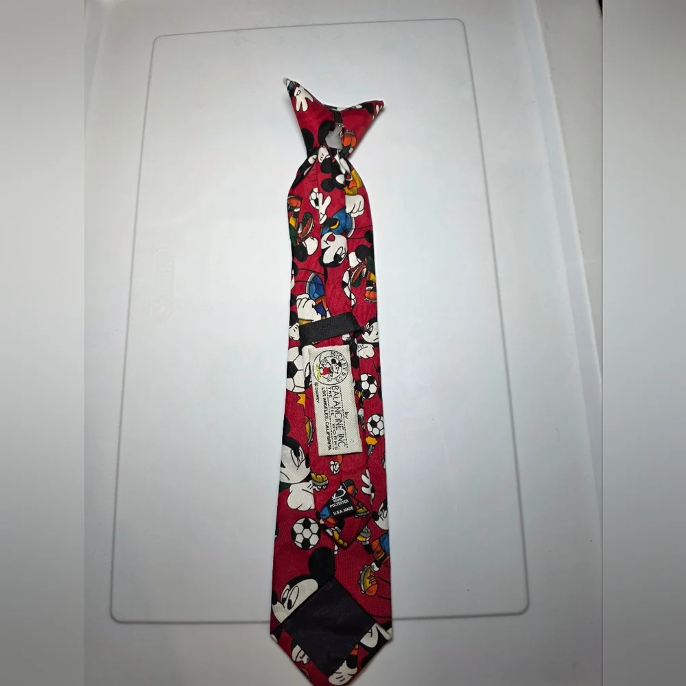 Disney Red Tie with Mickey Mouse and Sports Theme. Clip On.